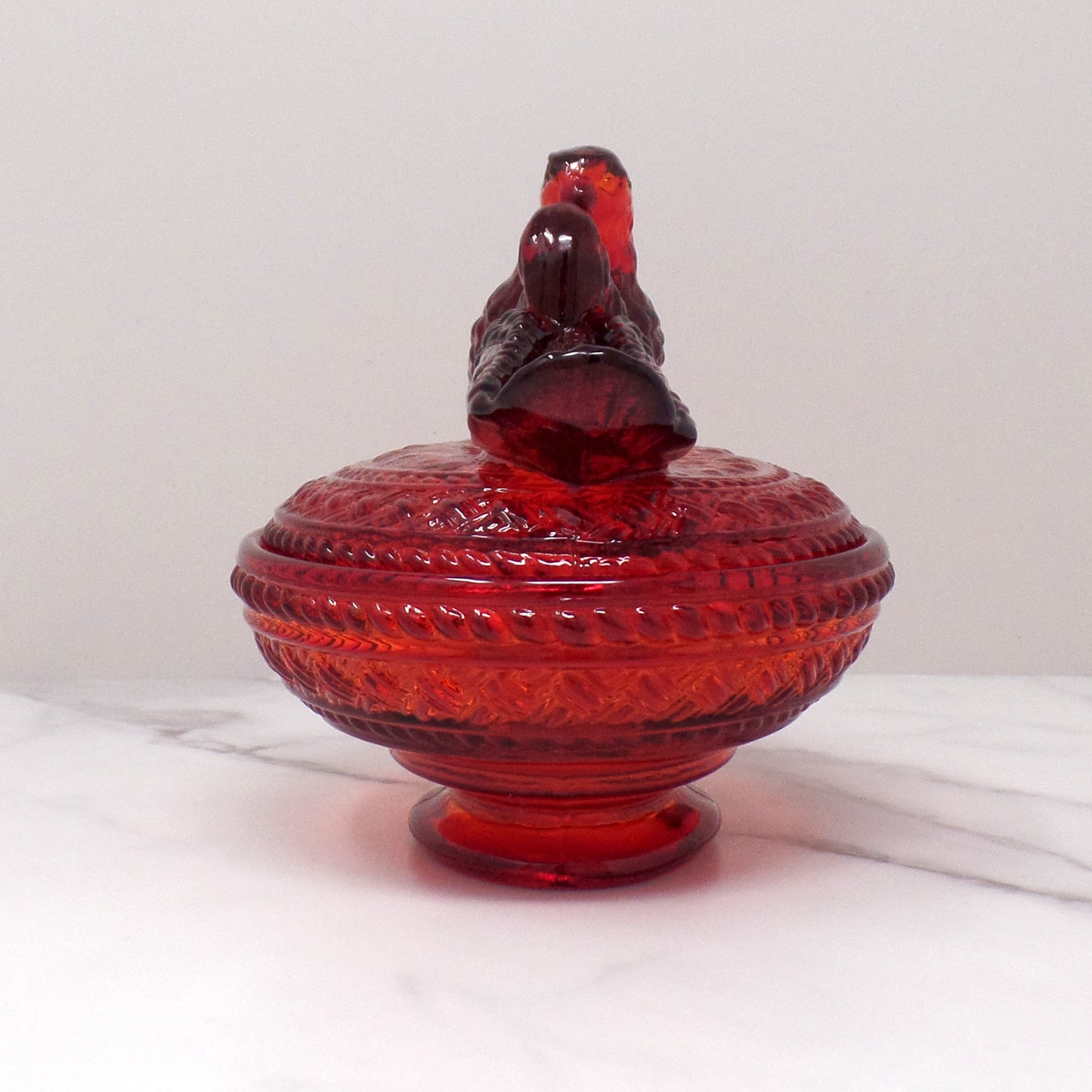 Vintage Viking Ruby Red Glass Lovebirds on Nest Candy Dish (1960s)