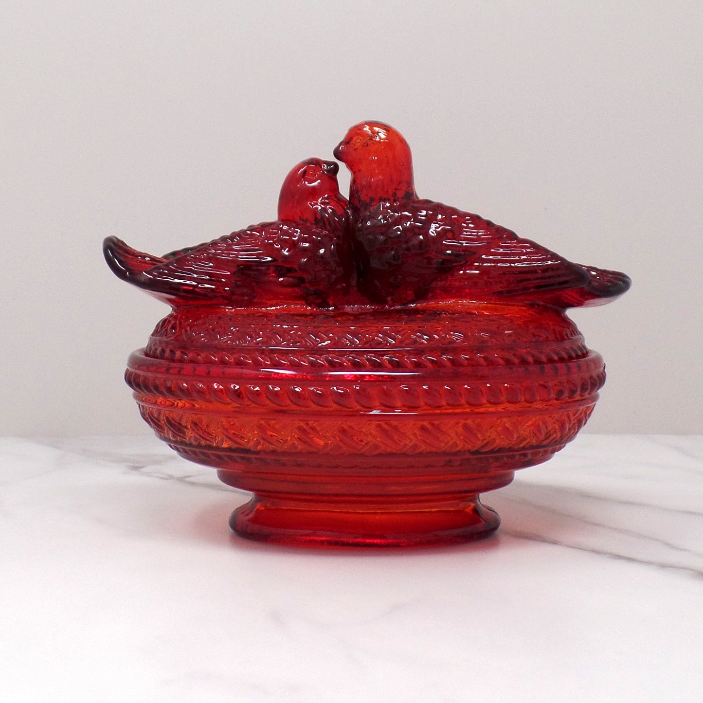 Vintage Viking Ruby Red Glass Lovebirds on Nest Candy Dish (1960s)