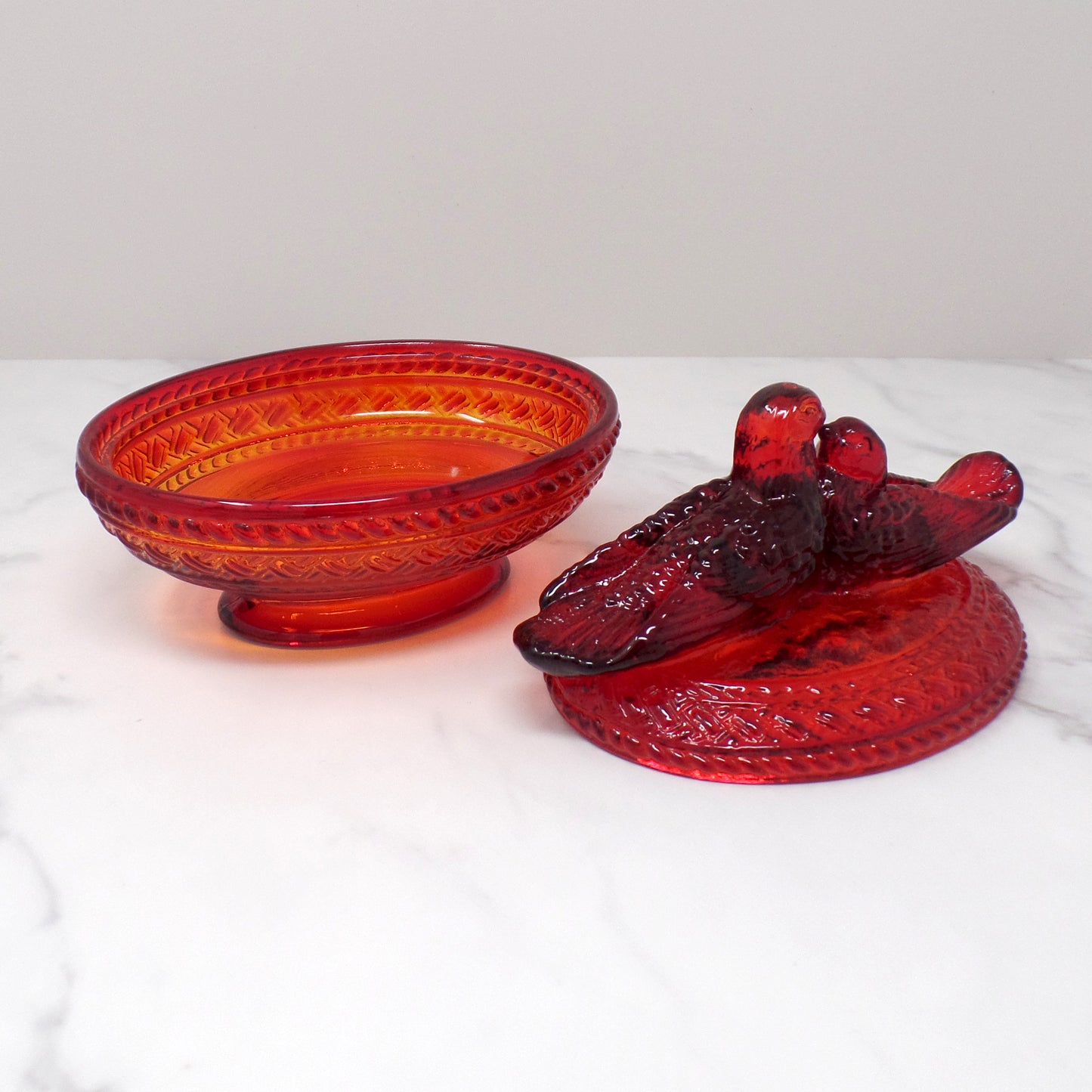 Vintage Viking Ruby Red Glass Lovebirds on Nest Candy Dish (1960s)