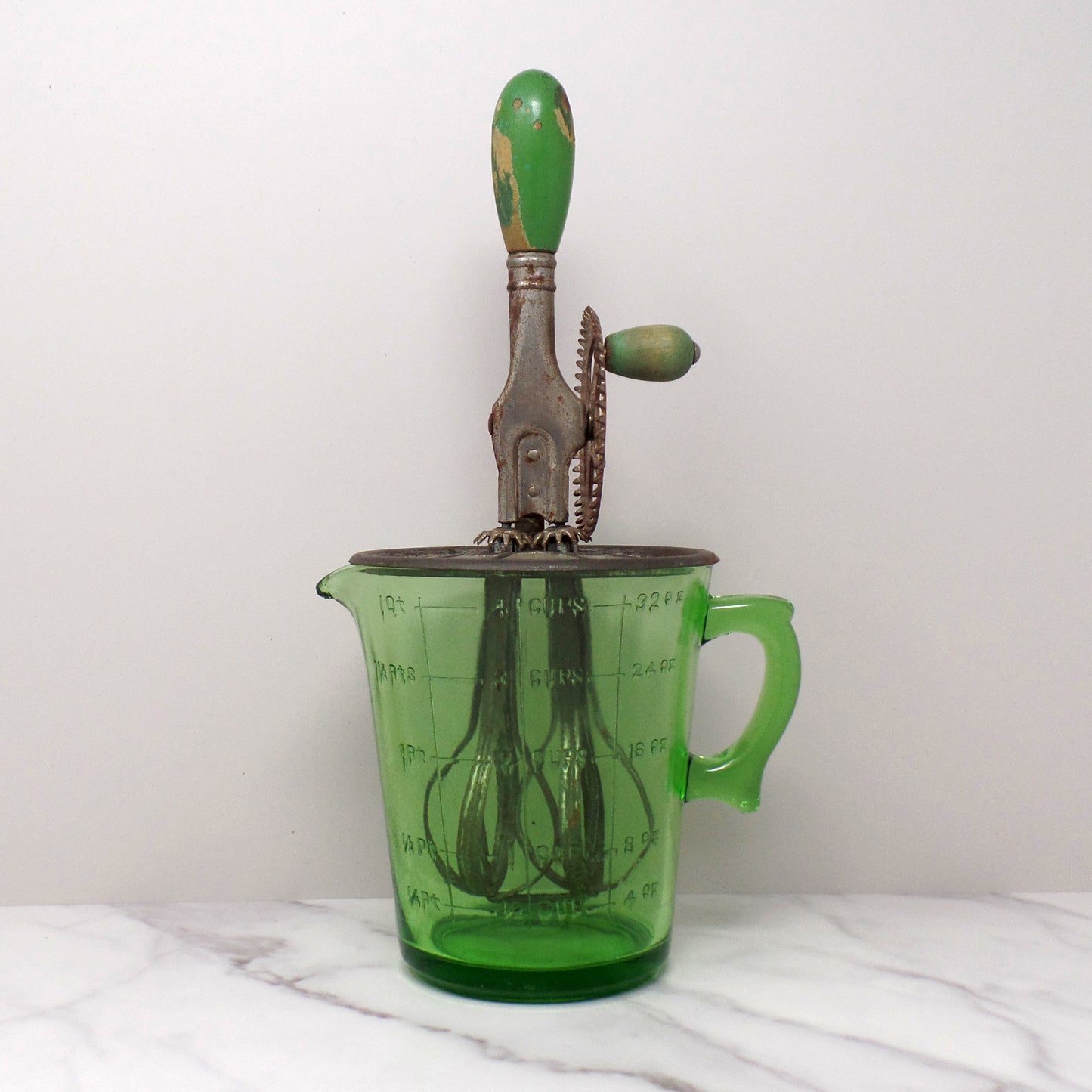 Vintage A & J Green Handled Egg Beater, 4 Cup Uranium Glass (1923)