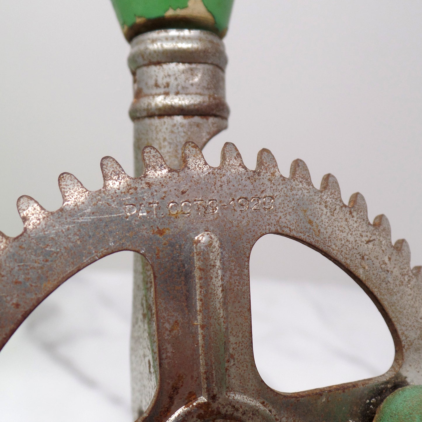 Vintage A & J Green Handled Egg Beater, 4 Cup Uranium Glass (1923)