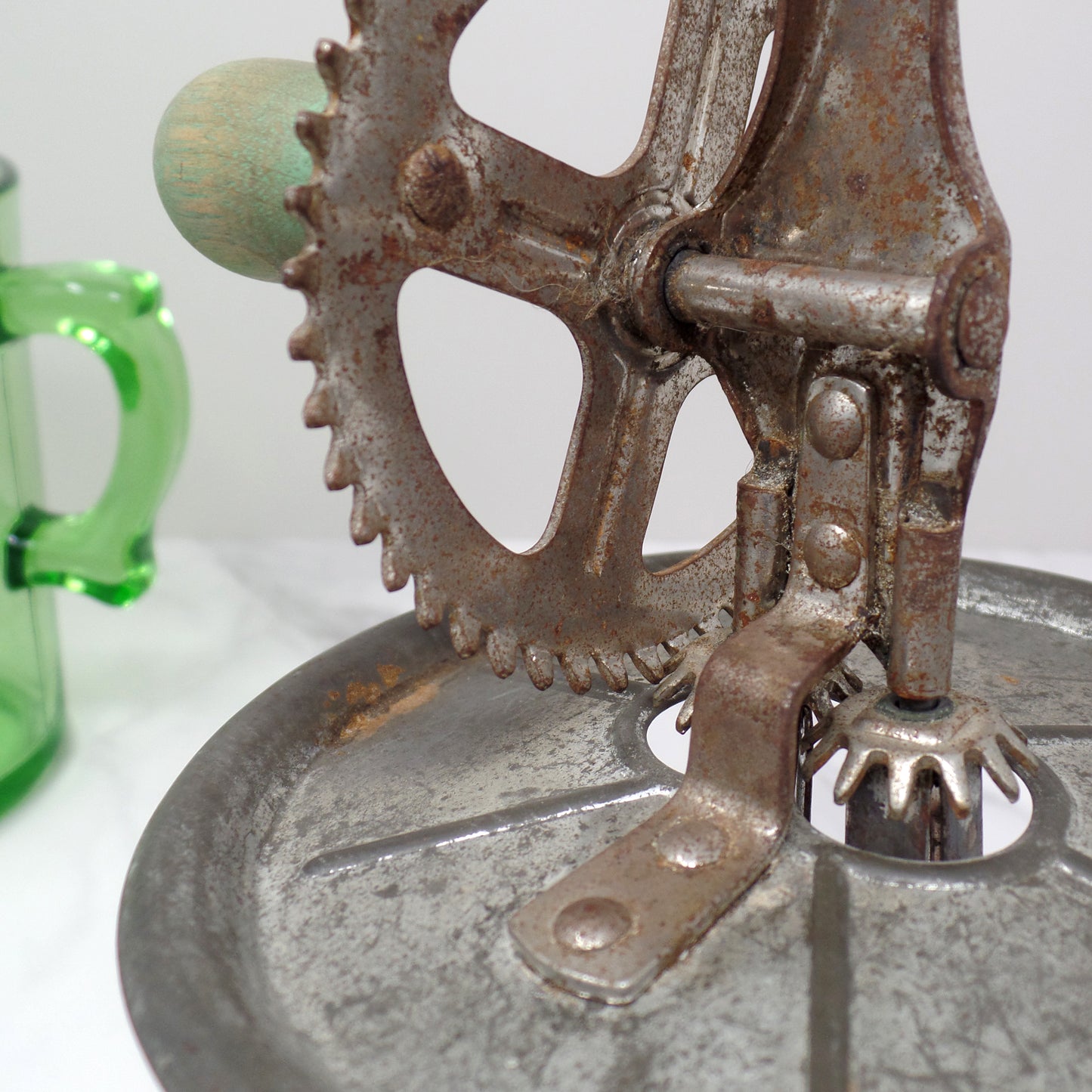 Vintage A & J Green Handled Egg Beater, 4 Cup Uranium Glass (1923)