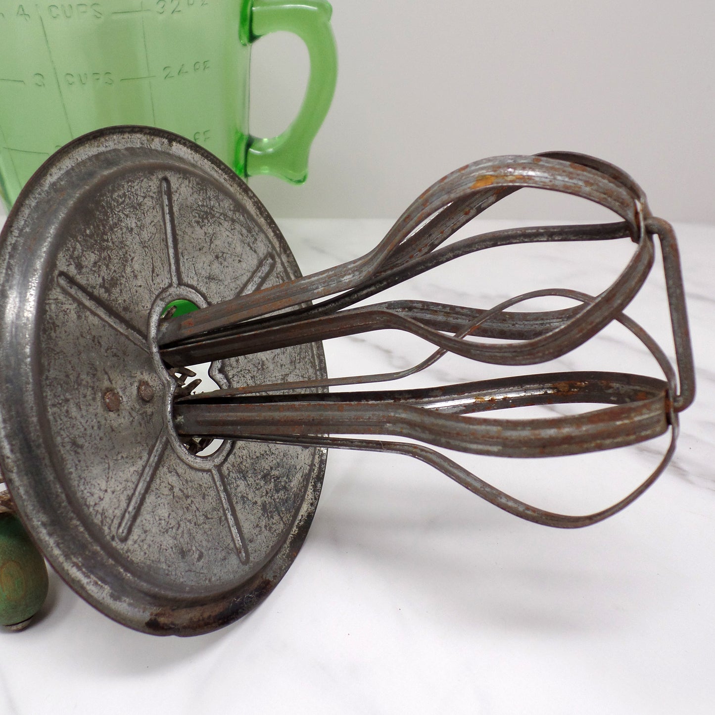 Vintage A & J Green Handled Egg Beater, 4 Cup Uranium Glass (1923)