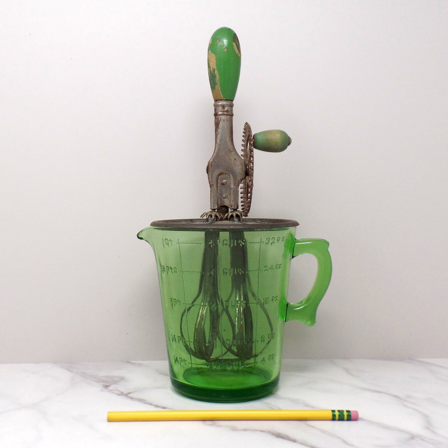 Vintage A & J Green Handled Egg Beater, 4 Cup Uranium Glass (1923)