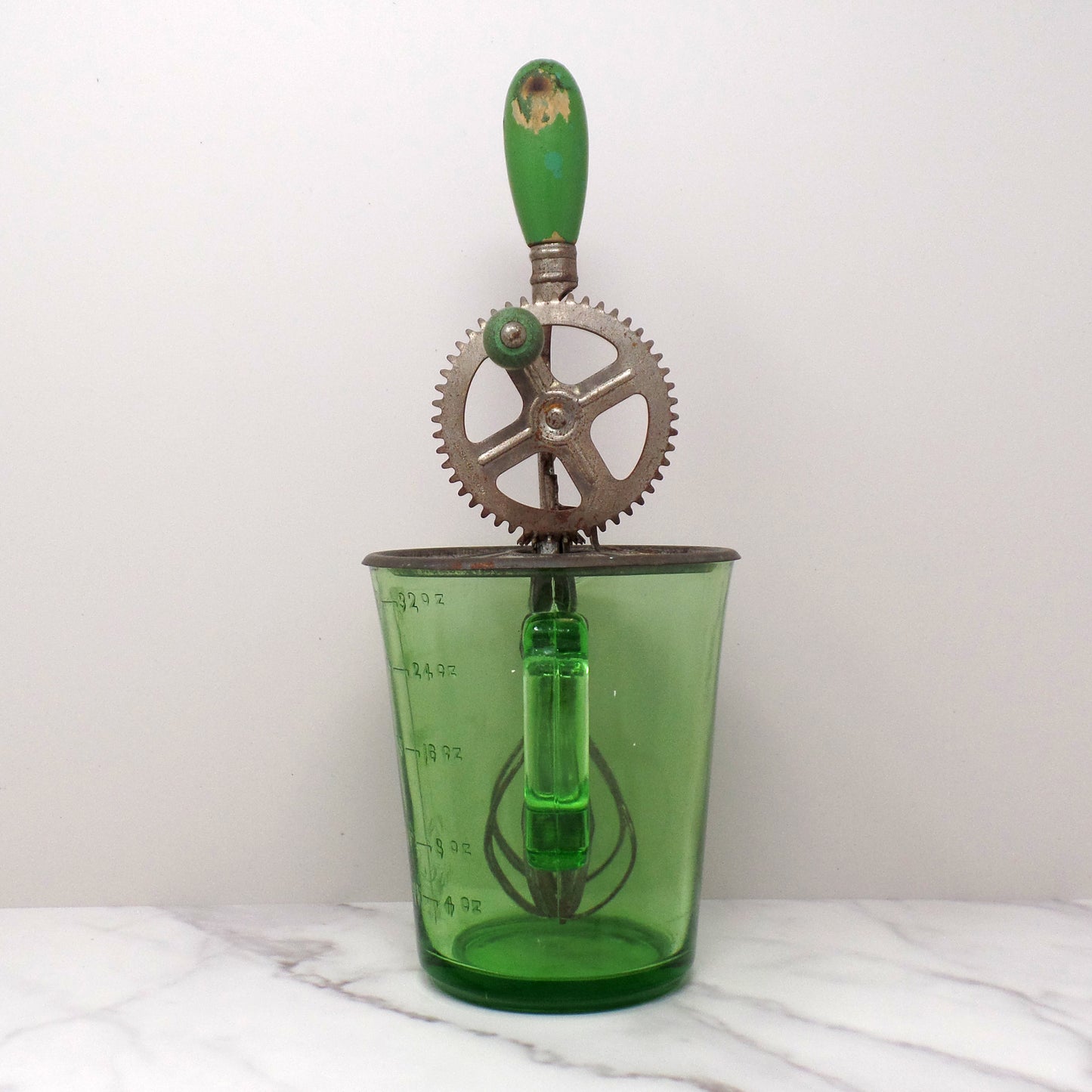 Vintage A & J Green Handled Egg Beater, 4 Cup Uranium Glass (1923)