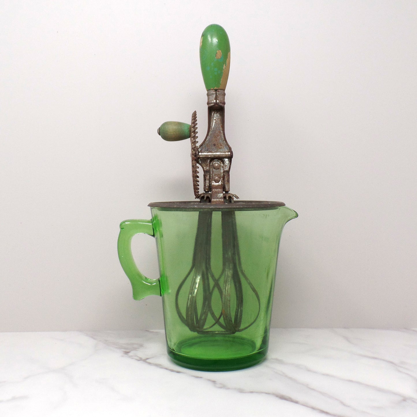 Vintage A & J Green Handled Egg Beater, 4 Cup Uranium Glass (1923)