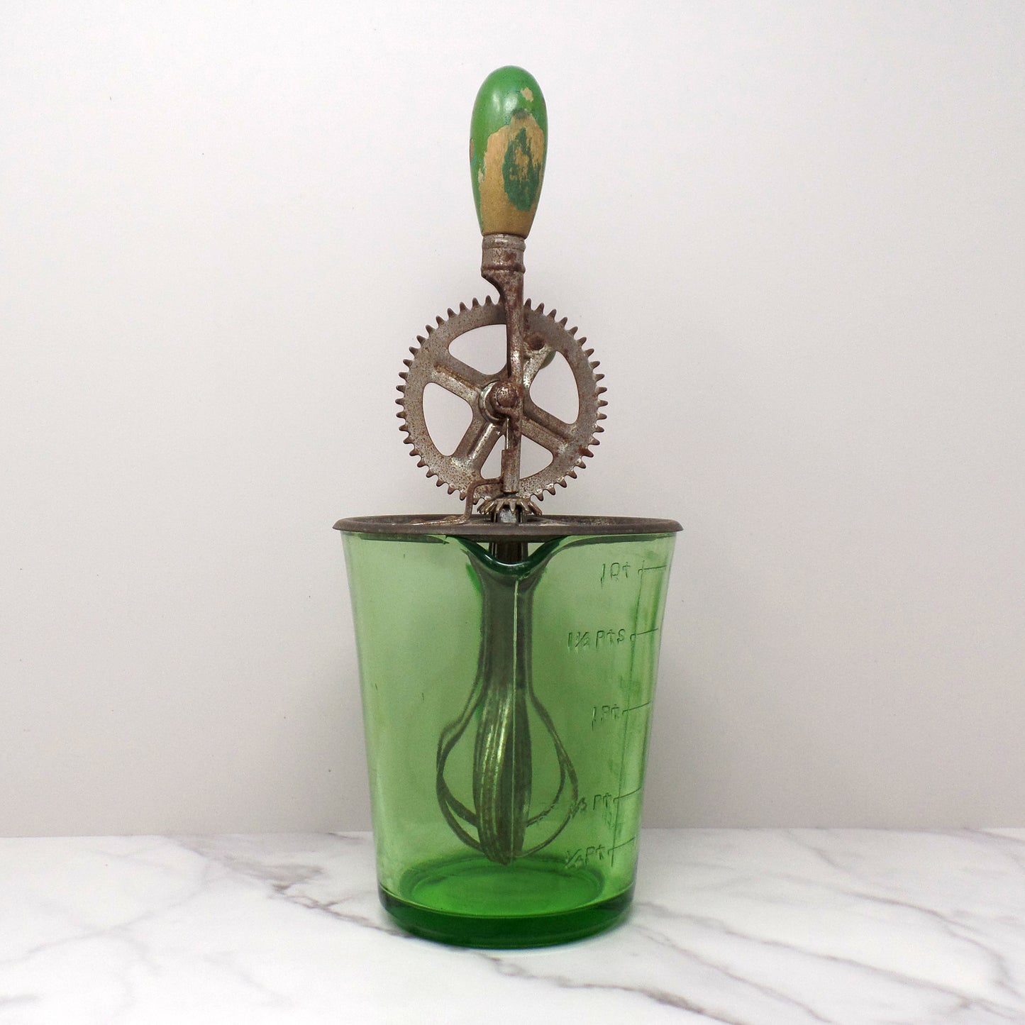 Vintage A & J Green Handled Egg Beater, 4 Cup Uranium Glass (1923)