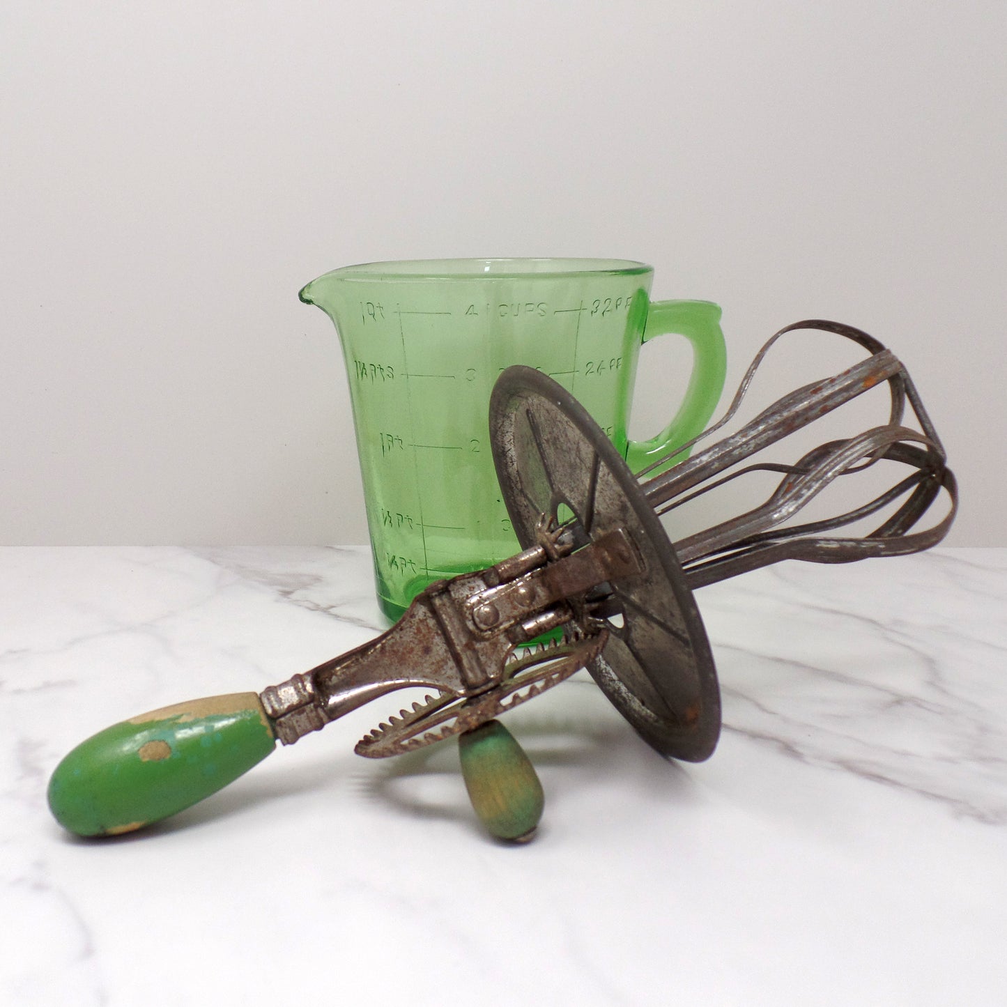 Vintage A & J Green Handled Egg Beater, 4 Cup Uranium Glass (1923)