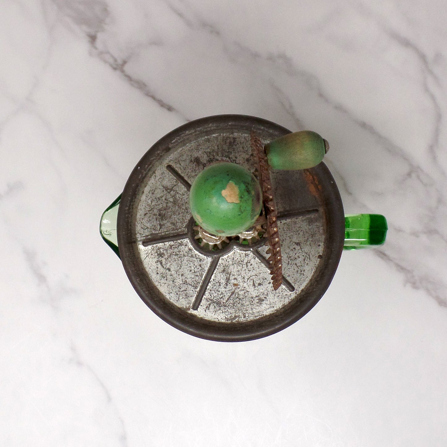 Vintage A & J Green Handled Egg Beater, 4 Cup Uranium Glass (1923)
