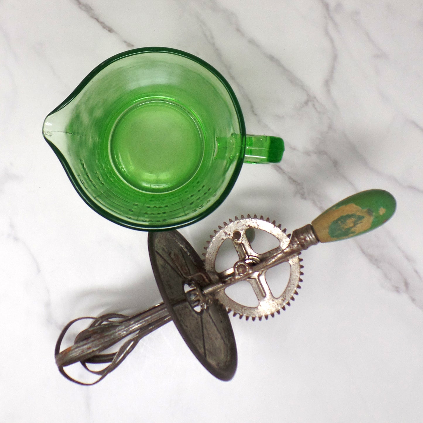 Vintage A & J Green Handled Egg Beater, 4 Cup Uranium Glass (1923)
