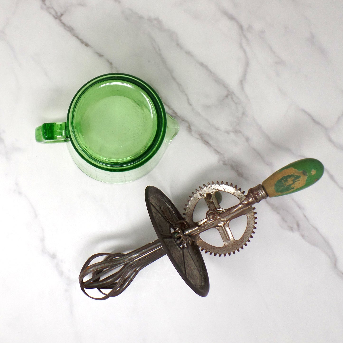 Vintage A & J Green Handled Egg Beater, 4 Cup Uranium Glass (1923)