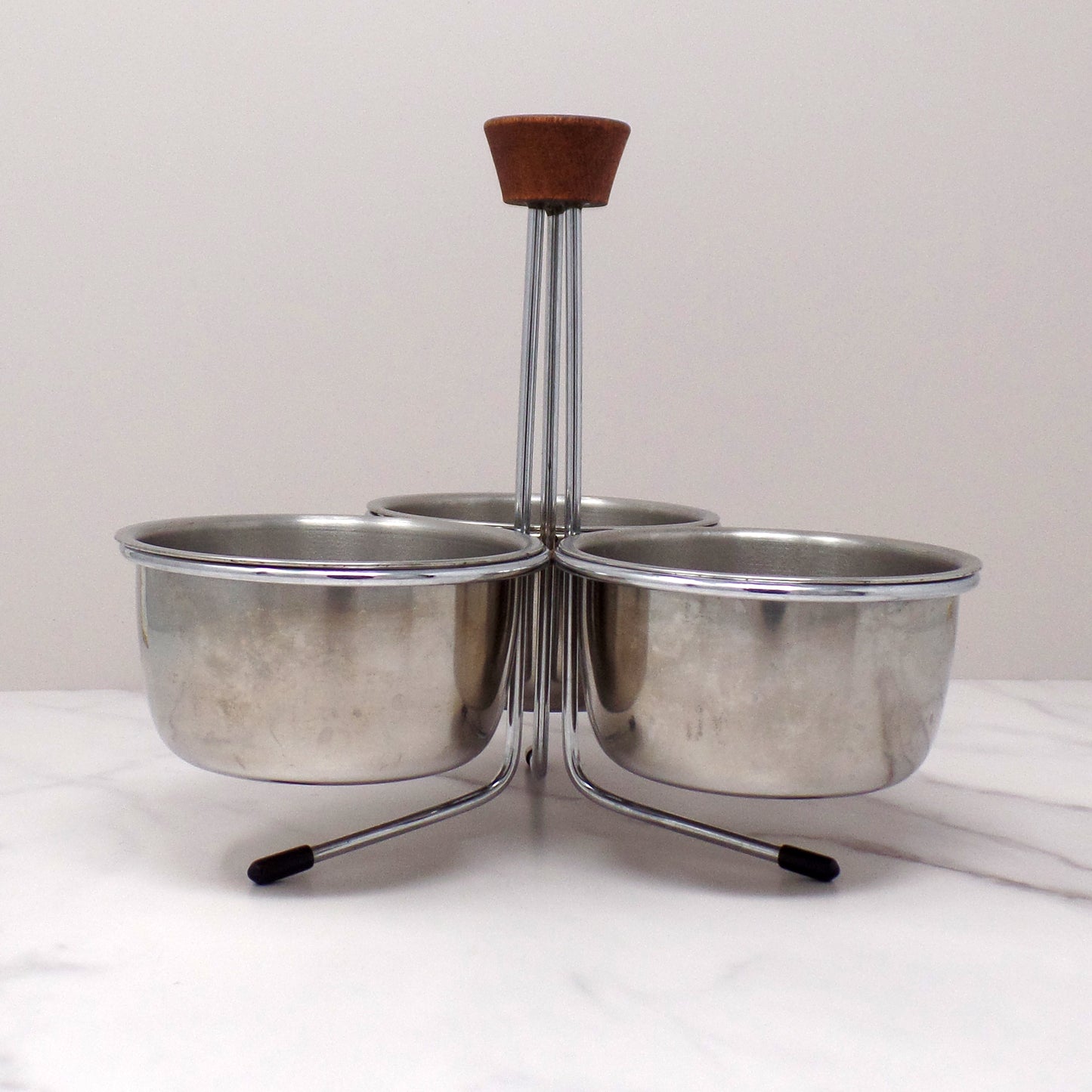 Vintage 3-Bowl Stainless Steel and Chrome Relish or Condiment Caddy with Wood Knob (1960s)