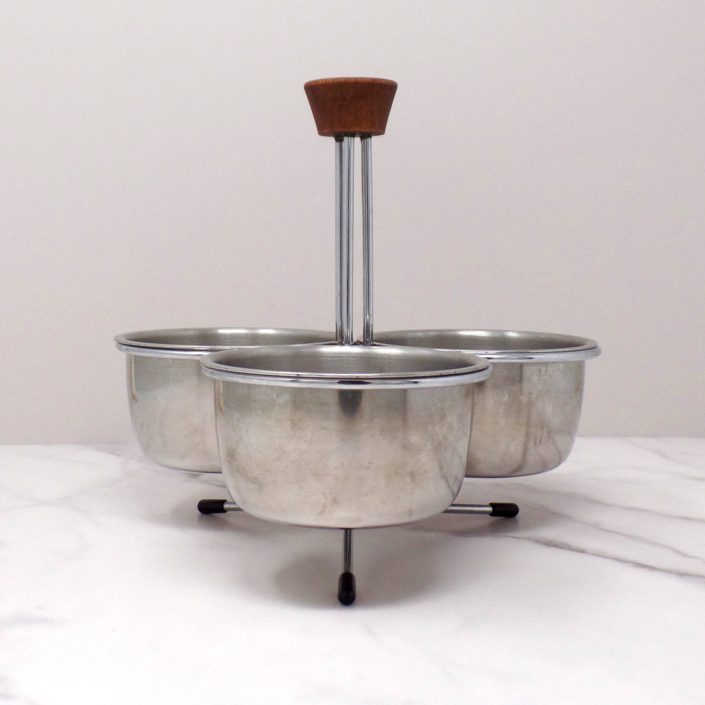Vintage 3-Bowl Stainless Steel and Chrome Relish or Condiment Caddy with Wood Knob (1960s)