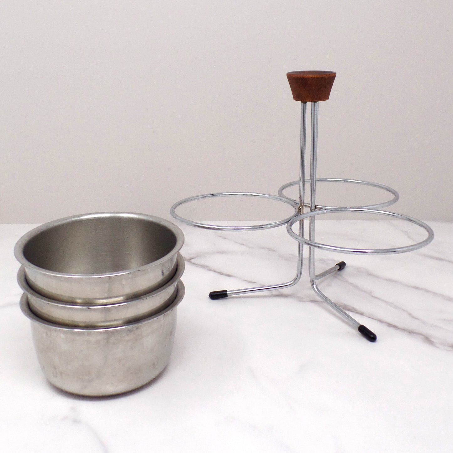 Vintage 3-Bowl Stainless Steel and Chrome Relish or Condiment Caddy with Wood Knob (1960s)