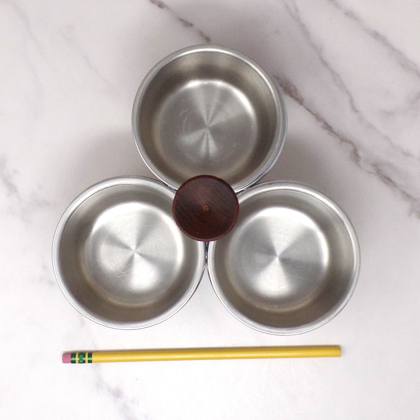 Vintage 3-Bowl Stainless Steel and Chrome Relish or Condiment Caddy with Wood Knob (1960s)