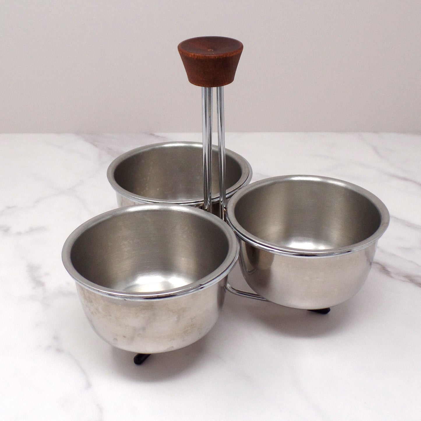 Vintage 3-Bowl Stainless Steel and Chrome Relish or Condiment Caddy with Wood Knob (1960s)