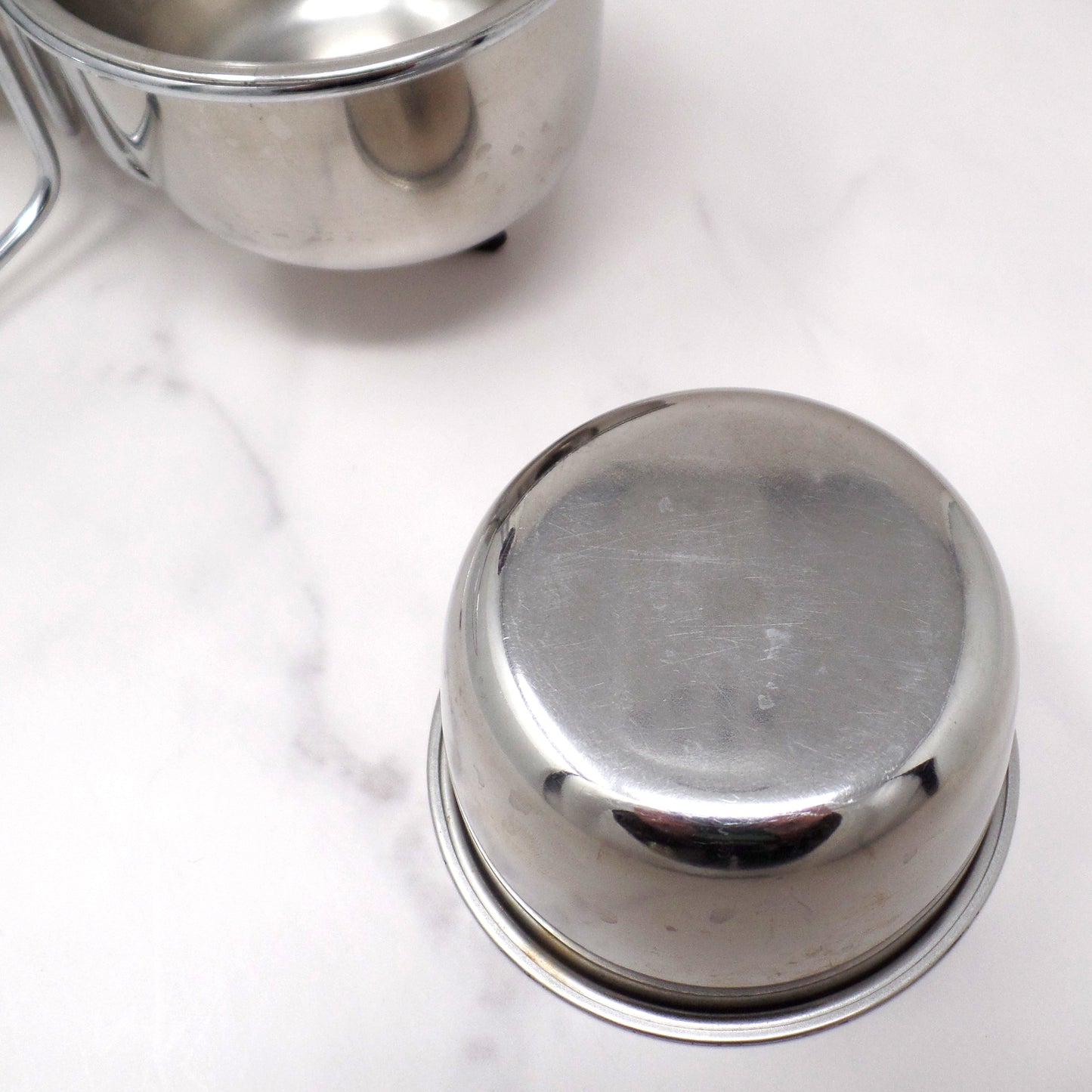 Vintage 3-Bowl Stainless Steel and Chrome Relish or Condiment Caddy with Wood Knob (1960s)