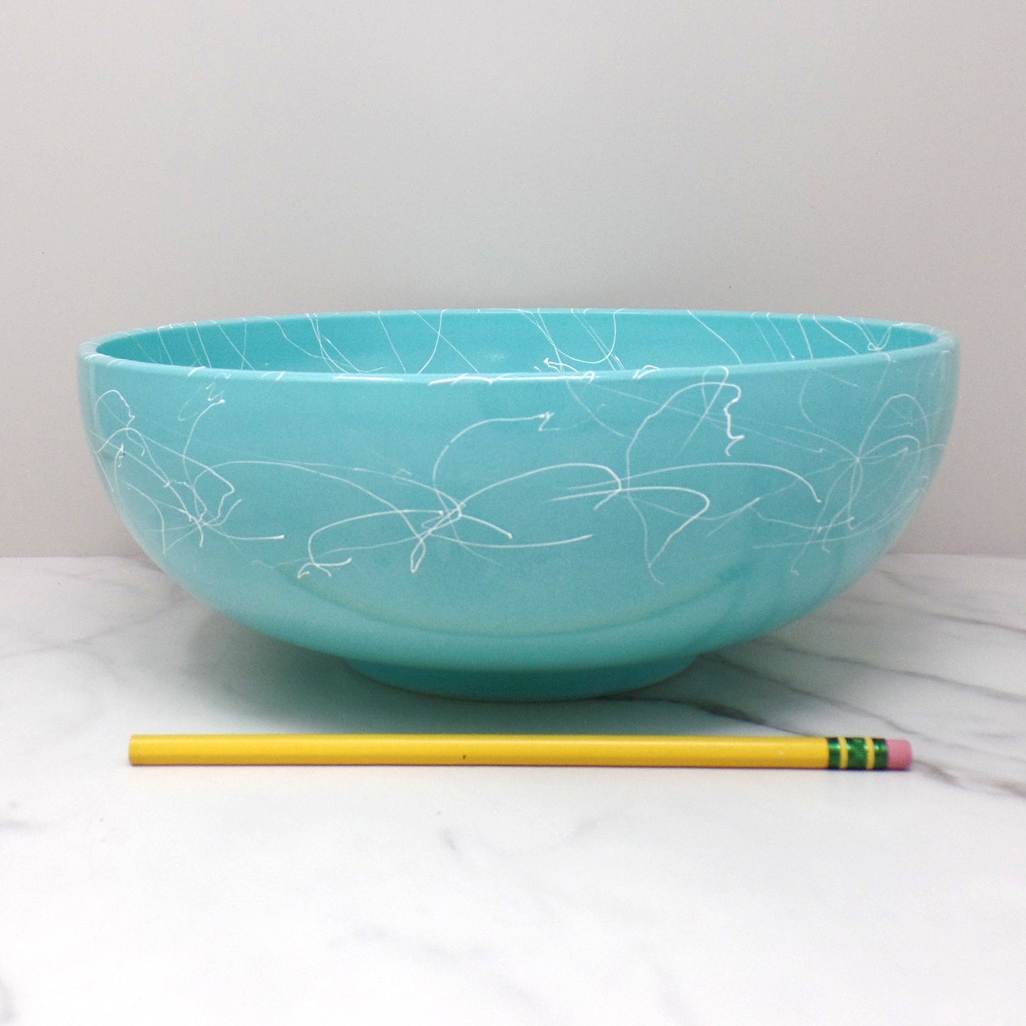 Vintage Hazel Atlas Glass Serving or Mixing Bowl, Turquoise with White “Spaghetti” Drizzle (1950s)