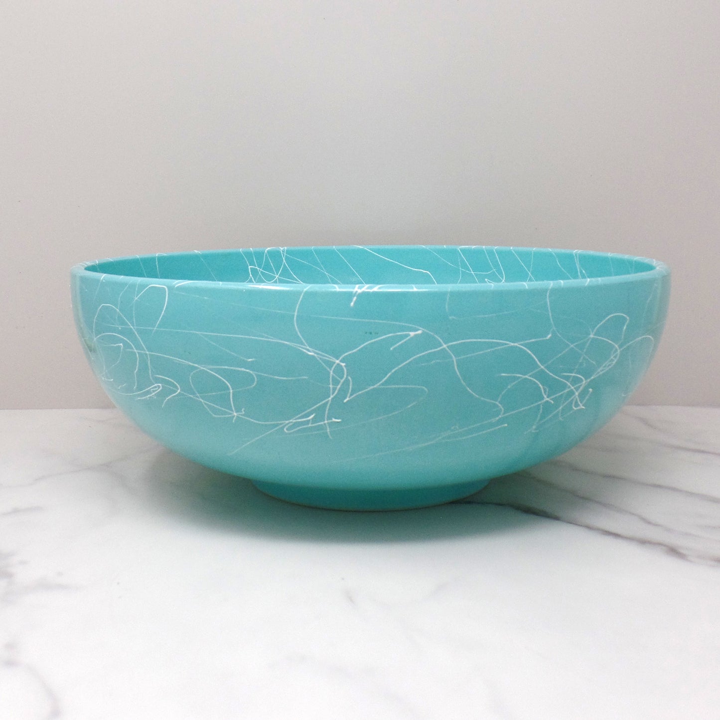 Vintage Hazel Atlas Glass Serving or Mixing Bowl, Turquoise with White “Spaghetti” Drizzle (1950s)