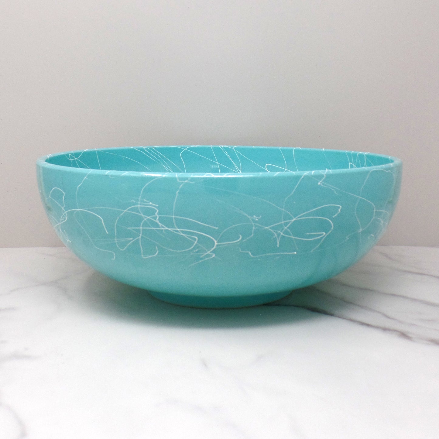 Vintage Hazel Atlas Glass Serving or Mixing Bowl, Turquoise with White “Spaghetti” Drizzle (1950s)