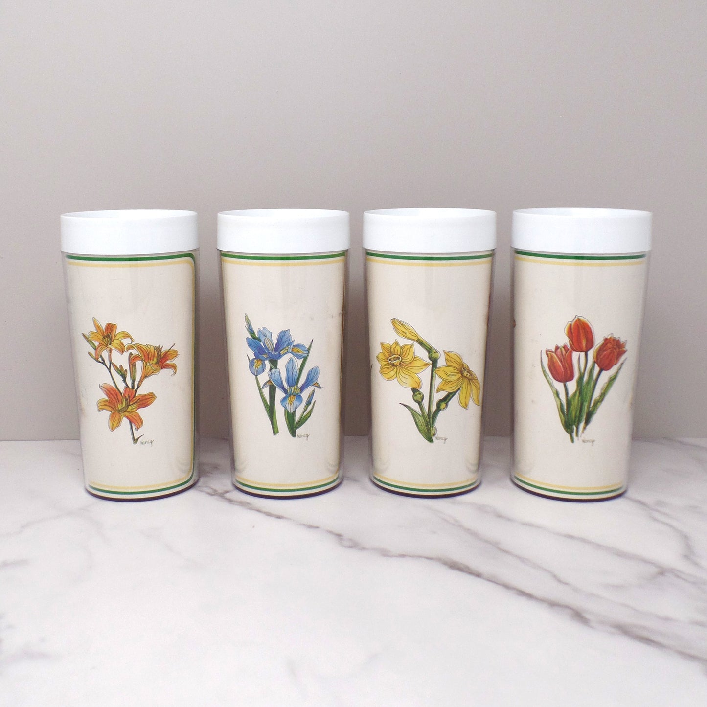 Vintage Thermo-Serv Plastic Double-walled 12 oz Tumblers, Floral, set of 4 (1980)