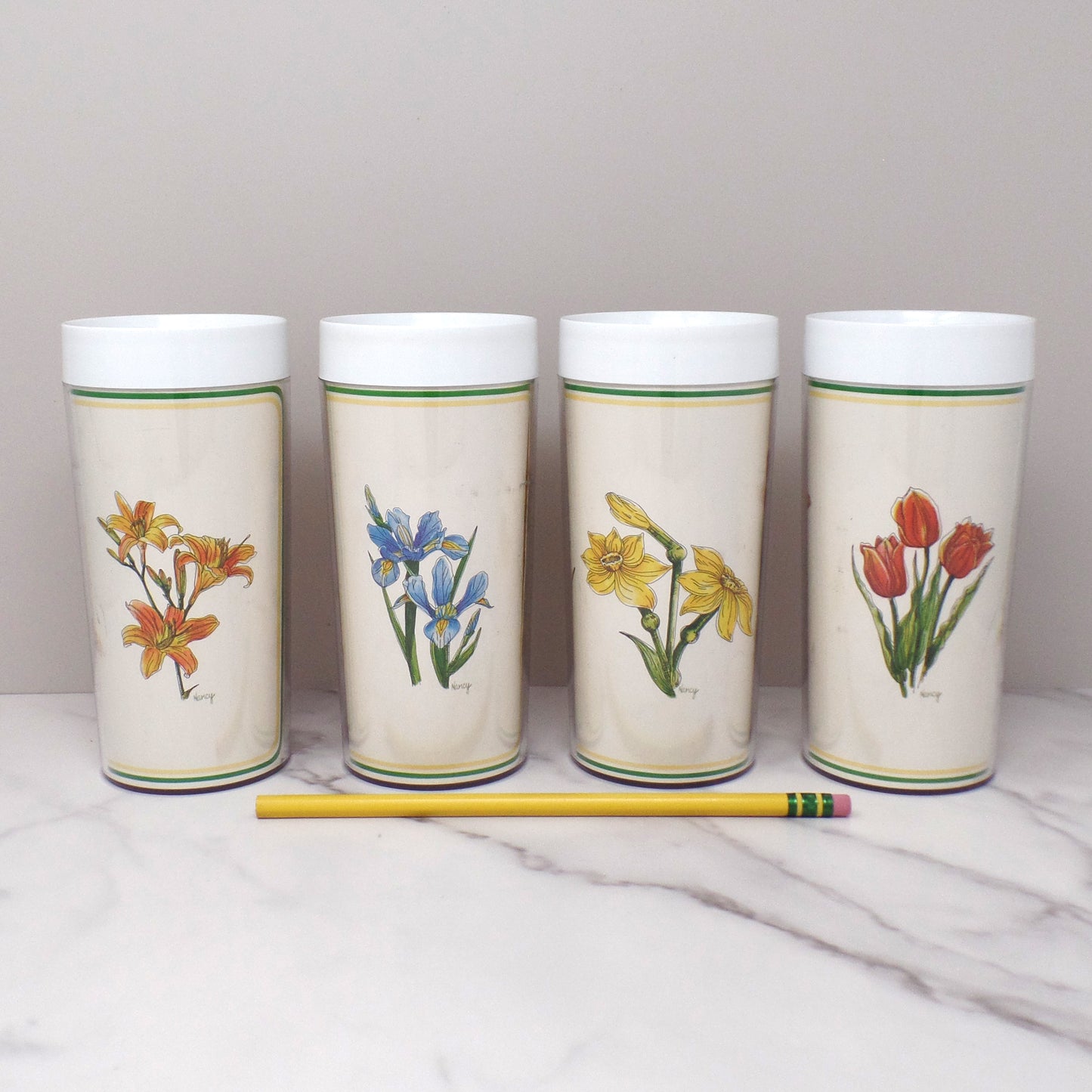Vintage Thermo-Serv Plastic Double-walled 12 oz Tumblers, Floral, set of 4 (1980)
