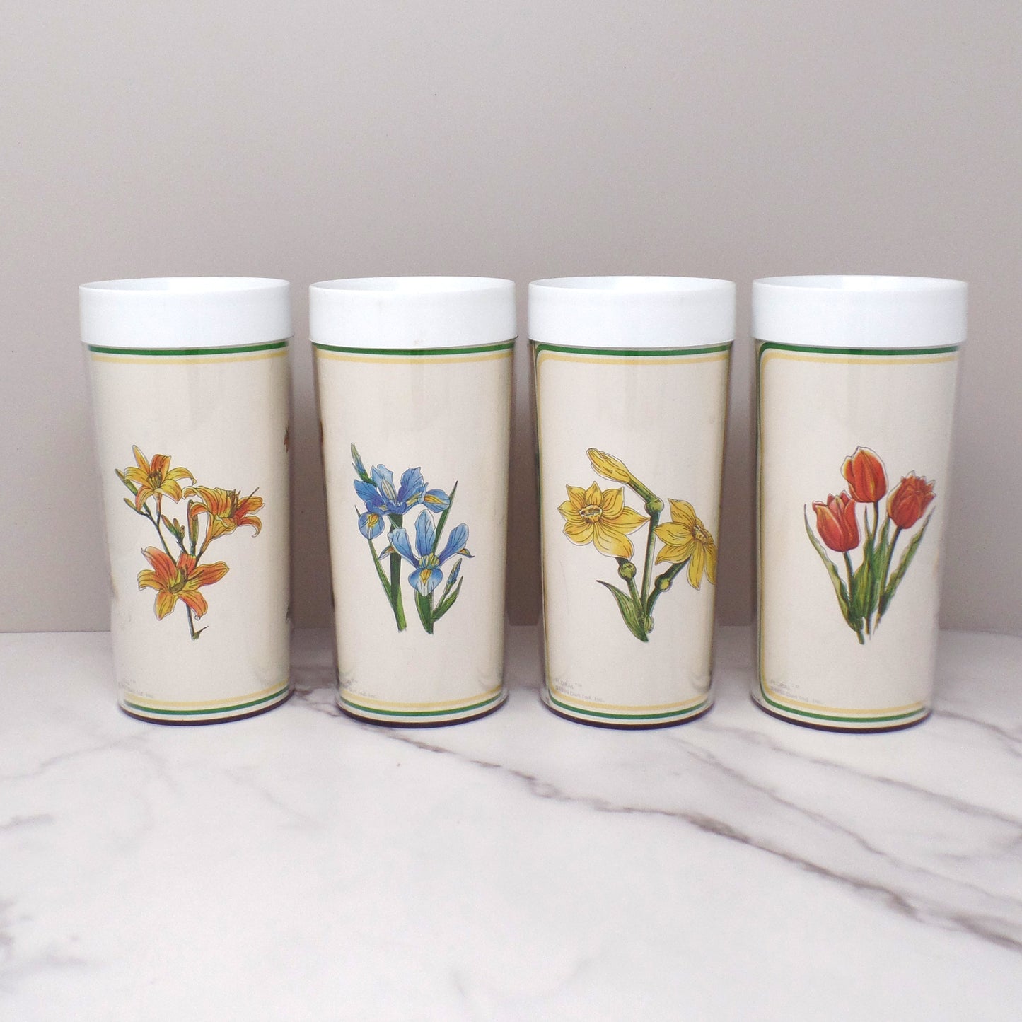Vintage Thermo-Serv Plastic Double-walled 12 oz Tumblers, Floral, set of 4 (1980)