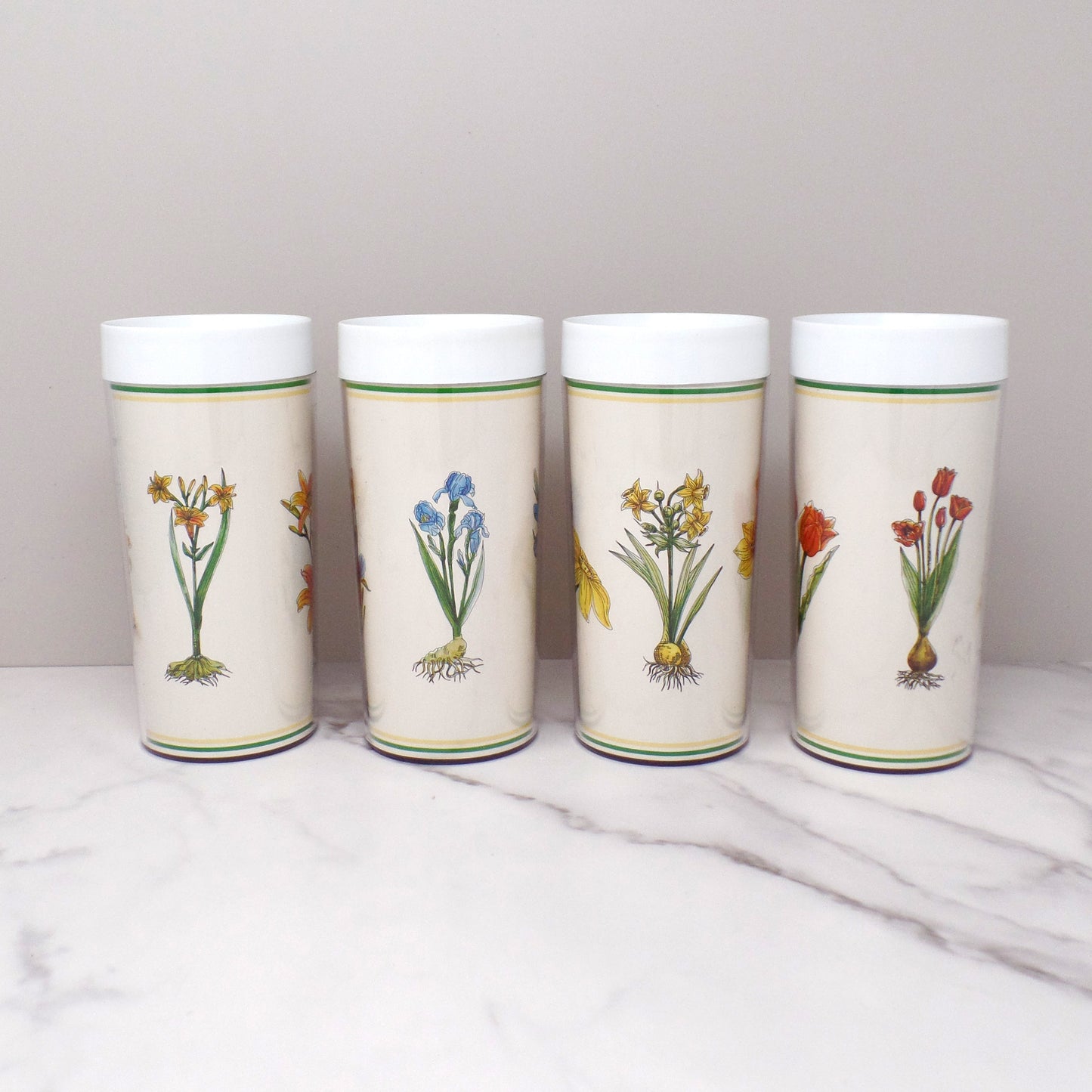 Vintage Thermo-Serv Plastic Double-walled 12 oz Tumblers, Floral, set of 4 (1980)