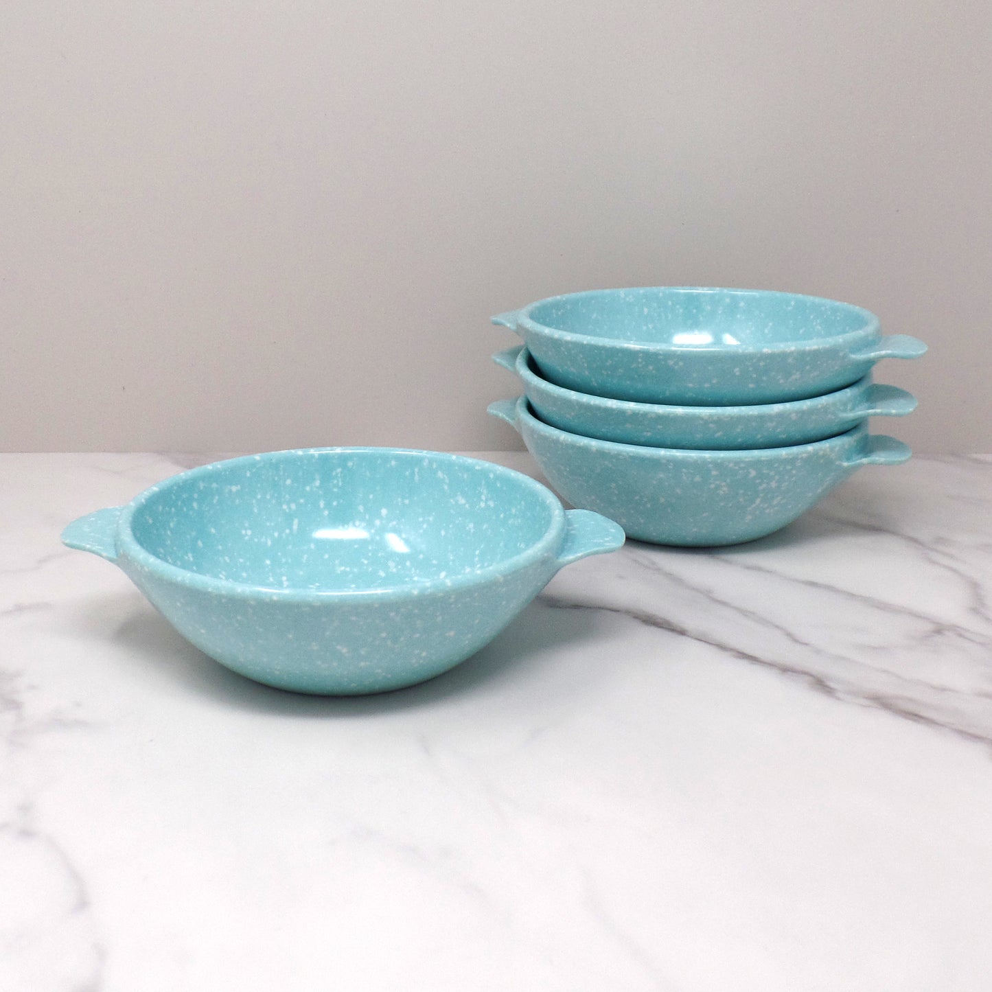 Vintage Joan Luntz Gaiety Melmac / Melamine 5-1/2” Handled Bowl, Speckled Turquoise - set of 4 (1950s)
