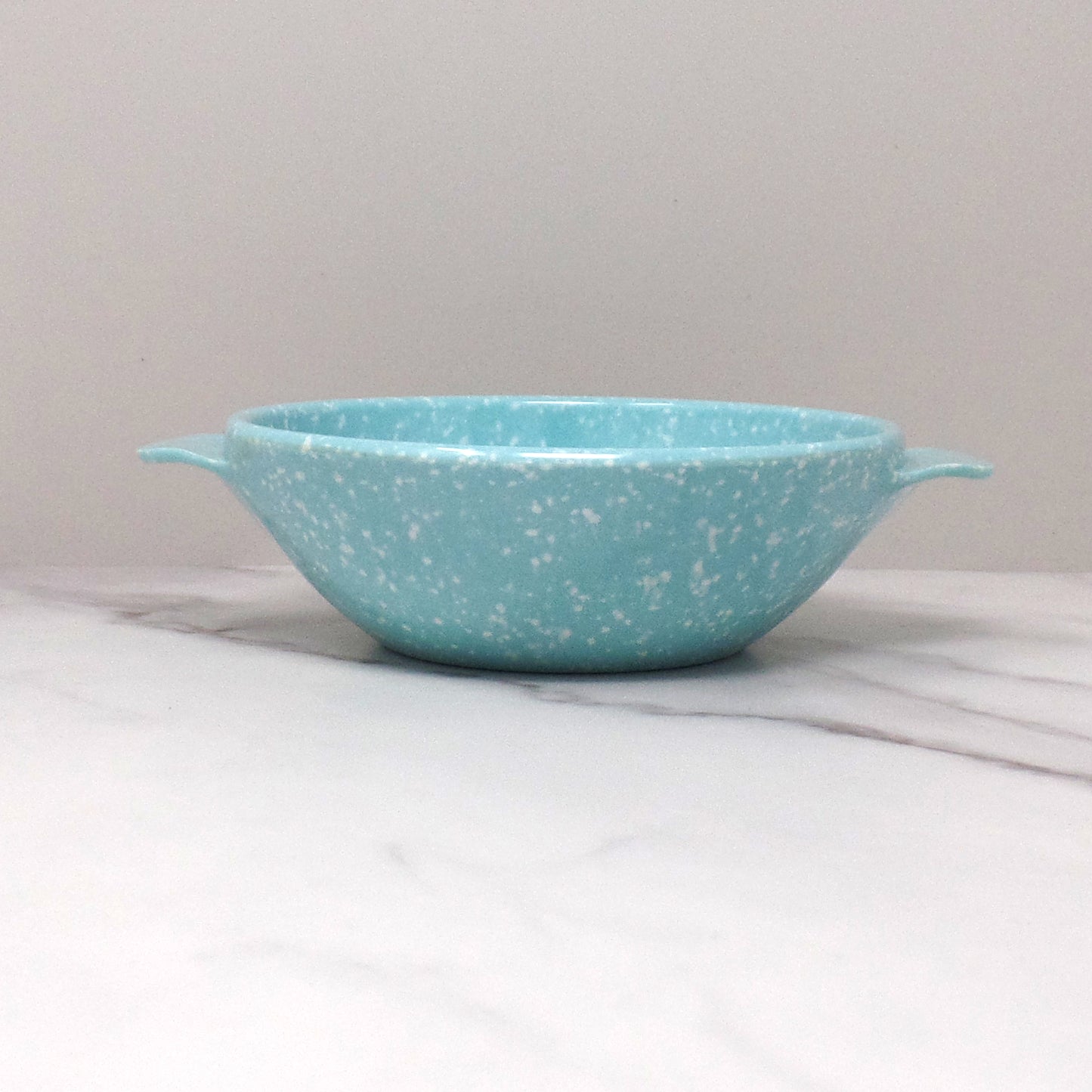 Vintage Joan Luntz Gaiety Melmac / Melamine 5-1/2” Handled Bowl, Speckled Turquoise - set of 4 (1950s)