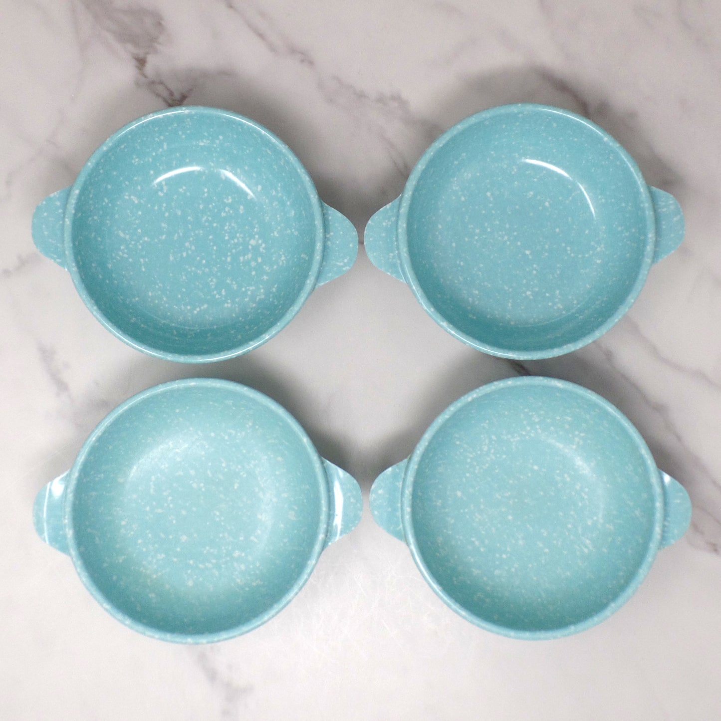 Vintage Joan Luntz Gaiety Melmac / Melamine 5-1/2” Handled Bowl, Speckled Turquoise - set of 4 (1950s)