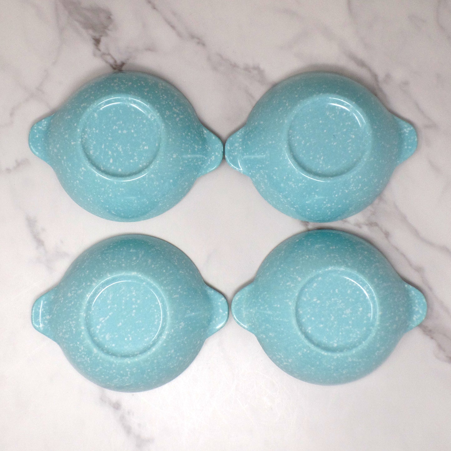 Vintage Joan Luntz Gaiety Melmac / Melamine 5-1/2” Handled Bowl, Speckled Turquoise - set of 4 (1950s)