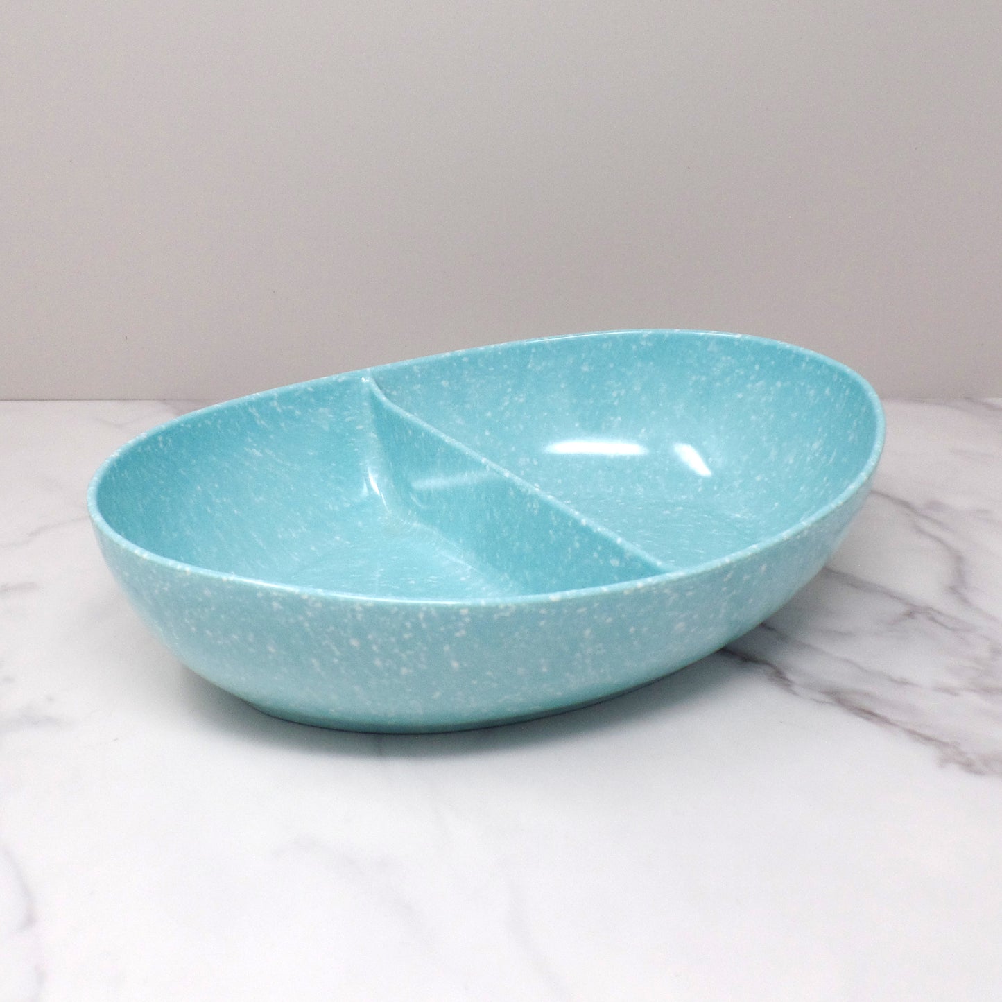 Vintage Joan Luntz Gaiety Melmac / Melamine Oval Divided Serving Bowl, Speckled Turquoise (1950s)