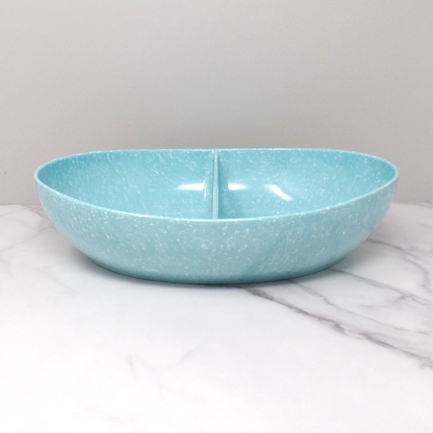 Vintage Joan Luntz Gaiety Melmac / Melamine Oval Divided Serving Bowl, Speckled Turquoise (1950s)