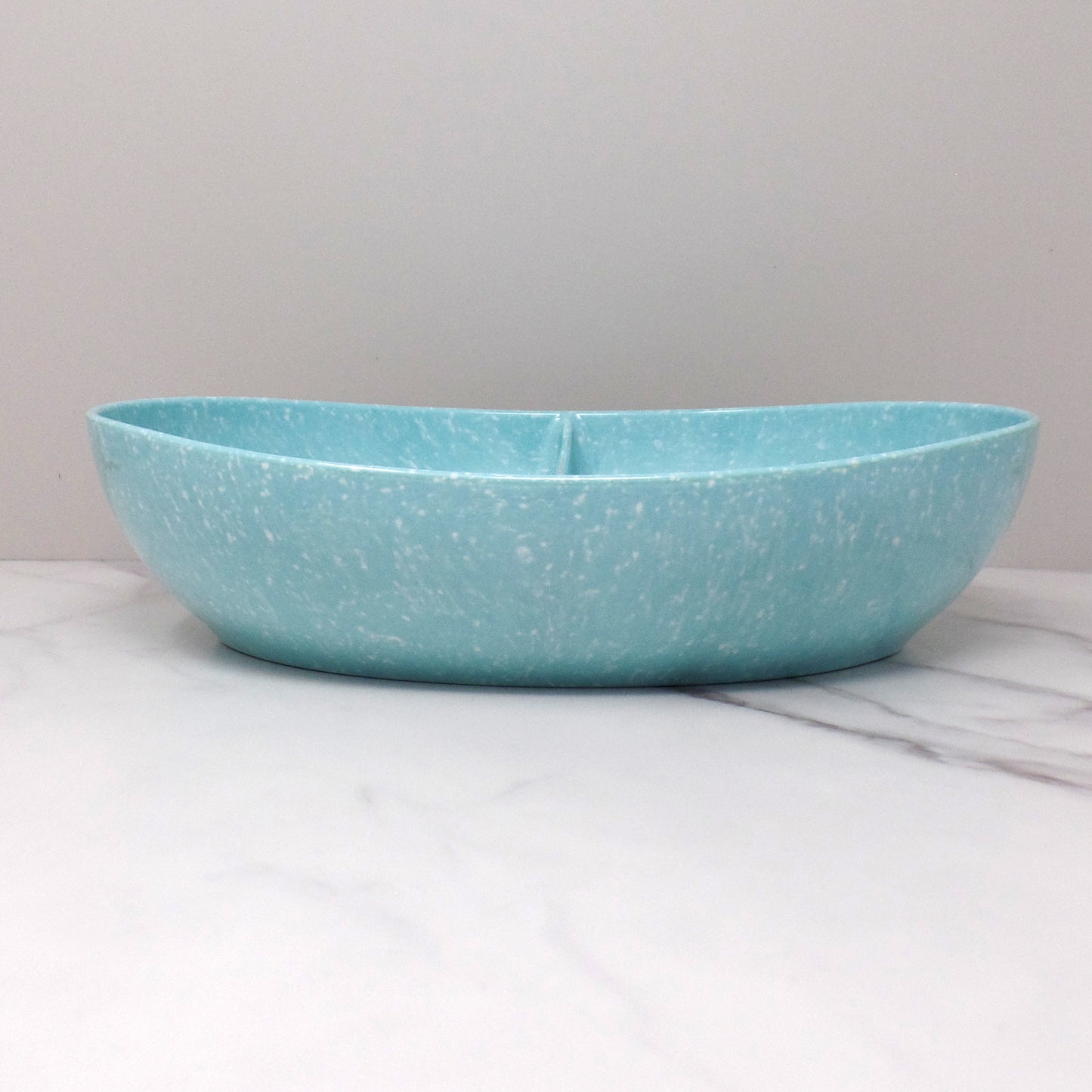 Vintage Joan Luntz Gaiety Melmac / Melamine Oval Divided Serving Bowl, Speckled Turquoise (1950s)