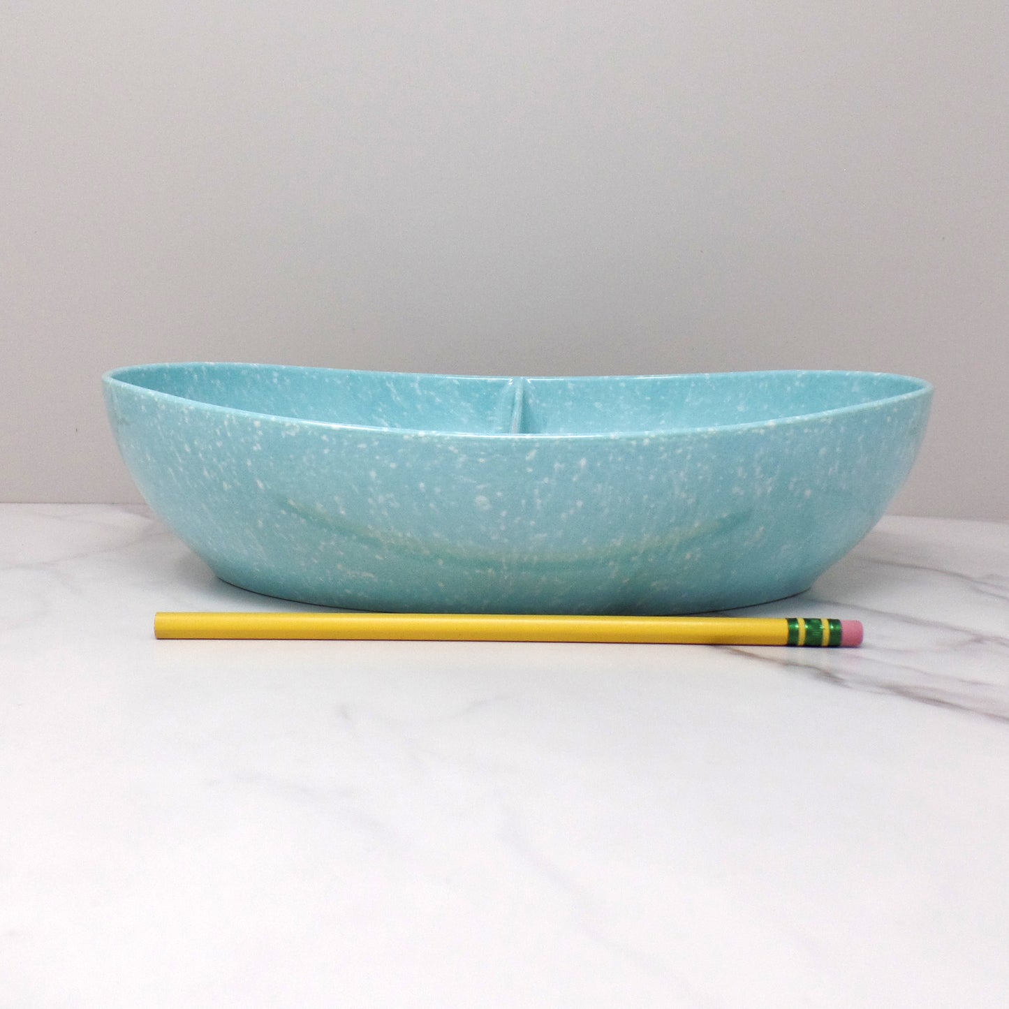 Vintage Joan Luntz Gaiety Melmac / Melamine Oval Divided Serving Bowl, Speckled Turquoise (1950s)
