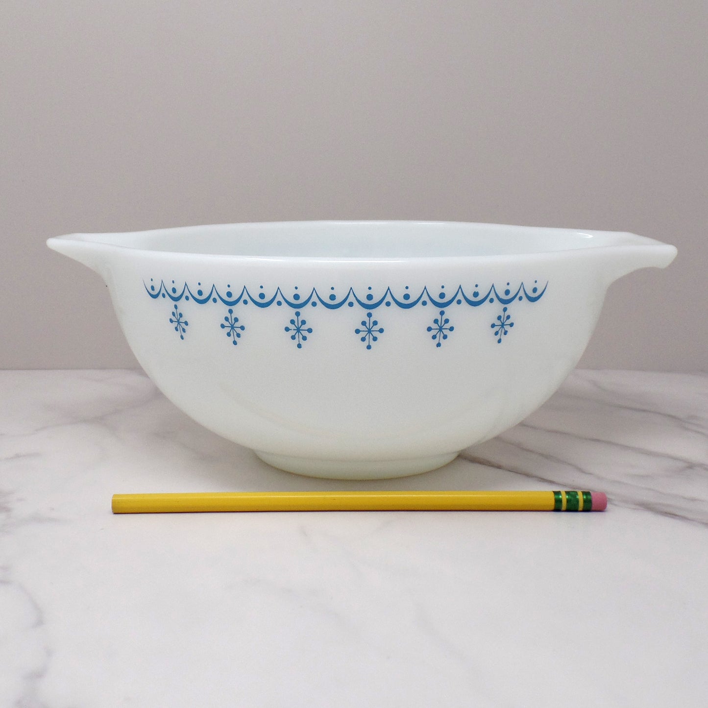 Vintage Pyrex Full Set of Four Cinderella Nesting Mixing Bowls, Snowflake Blue (441, 442, 443, 444) (1950s-1960s)