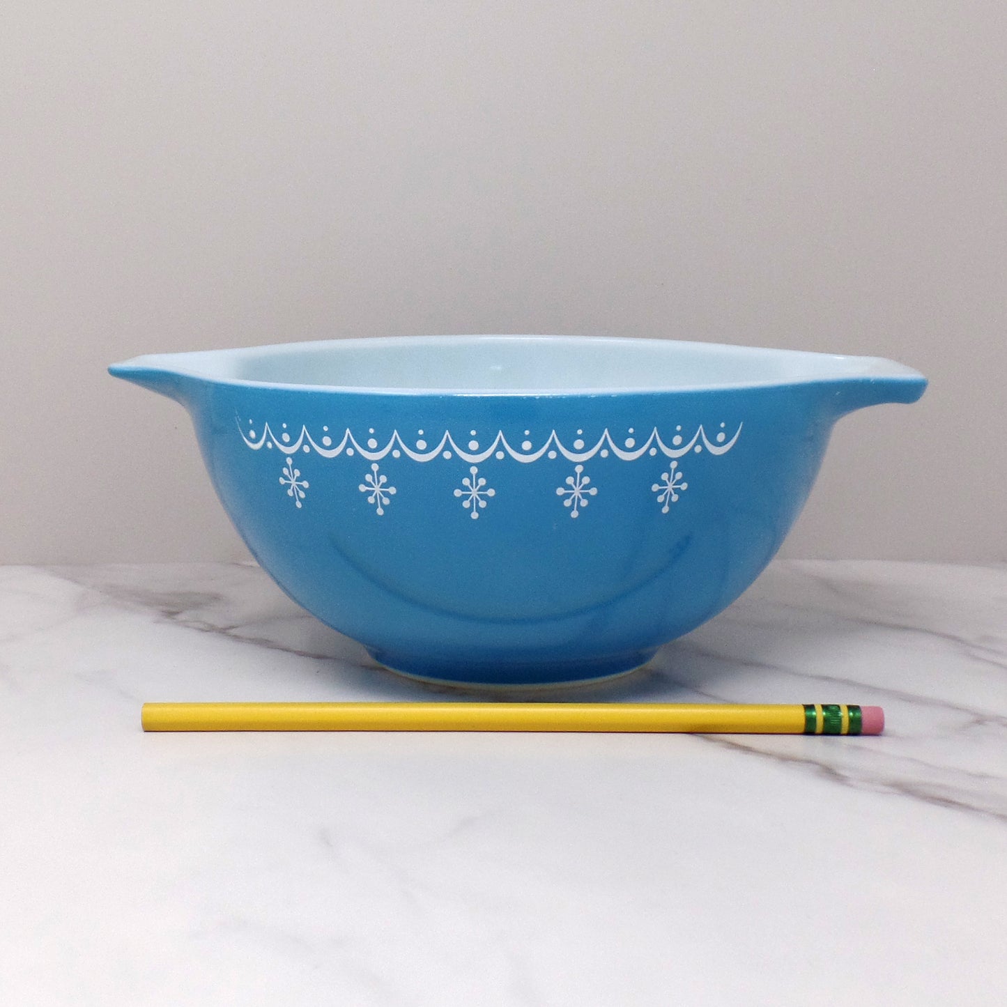 Vintage Pyrex Full Set of Four Cinderella Nesting Mixing Bowls, Snowflake Blue (441, 442, 443, 444) (1950s-1960s)