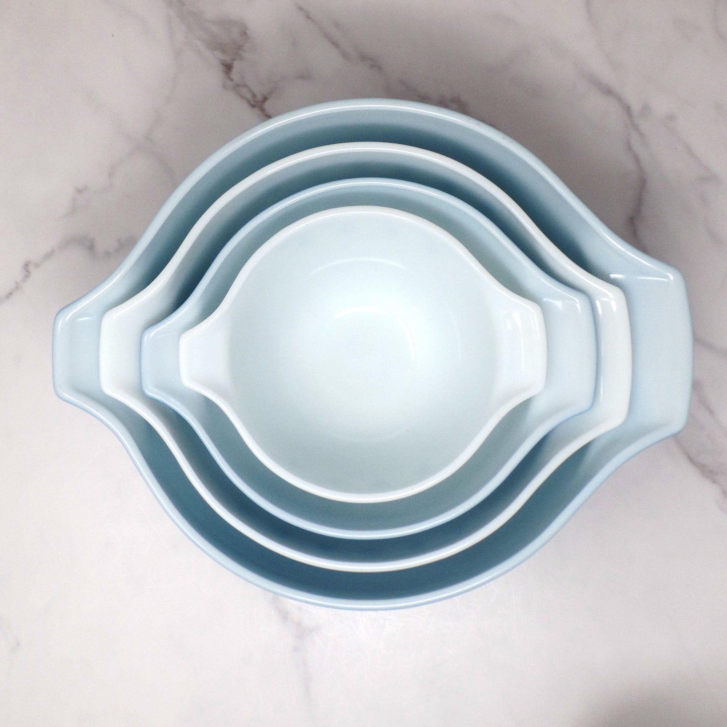 Vintage Pyrex Full Set of Four Cinderella Nesting Mixing Bowls, Snowflake Blue (441, 442, 443, 444) (1950s-1960s)