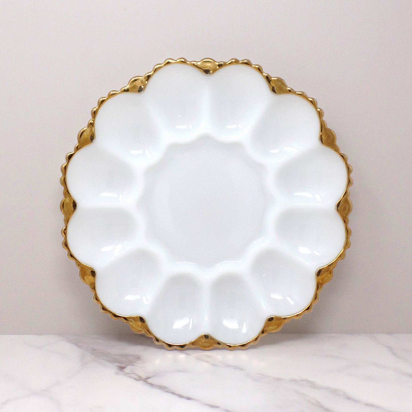 Vintage Anchor Hocking Gold-rimmed Milk Glass Deviled Egg Plate (1950s)