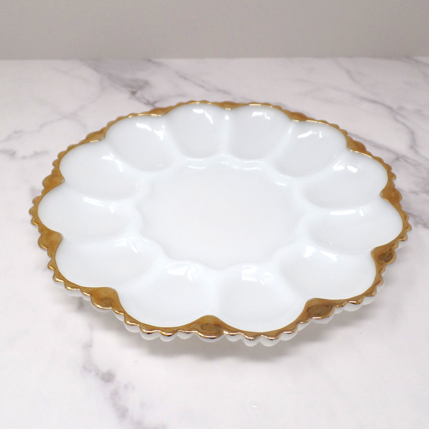 Vintage Anchor Hocking Gold-rimmed Milk Glass Deviled Egg Plate (1950s)