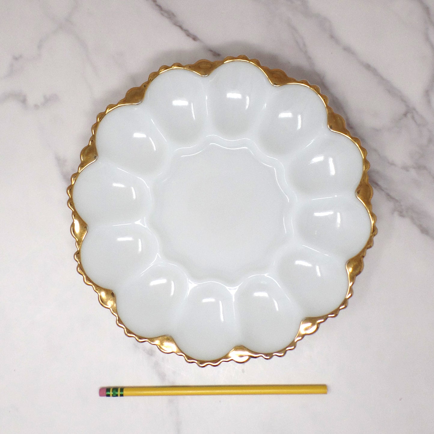 Vintage Anchor Hocking Gold-rimmed Milk Glass Deviled Egg Plate (1950s)