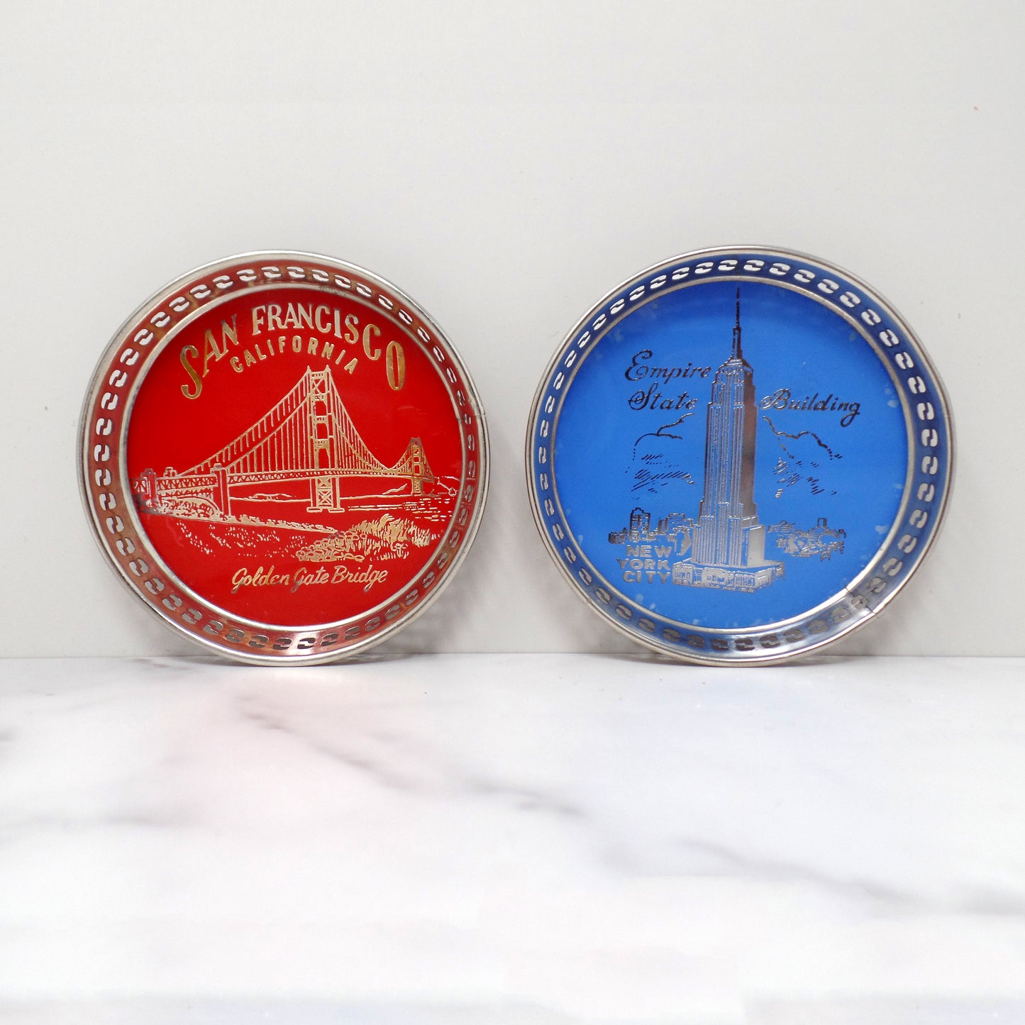 Vintage Souvenir Coasters, San Francisco Golden Gate Bridge and New York City Empire State Building (1960s)