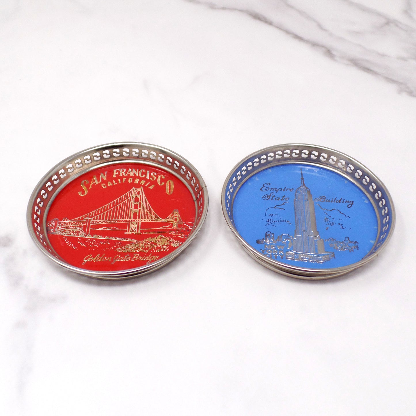 Vintage Souvenir Coasters, San Francisco Golden Gate Bridge and New York City Empire State Building (1960s)