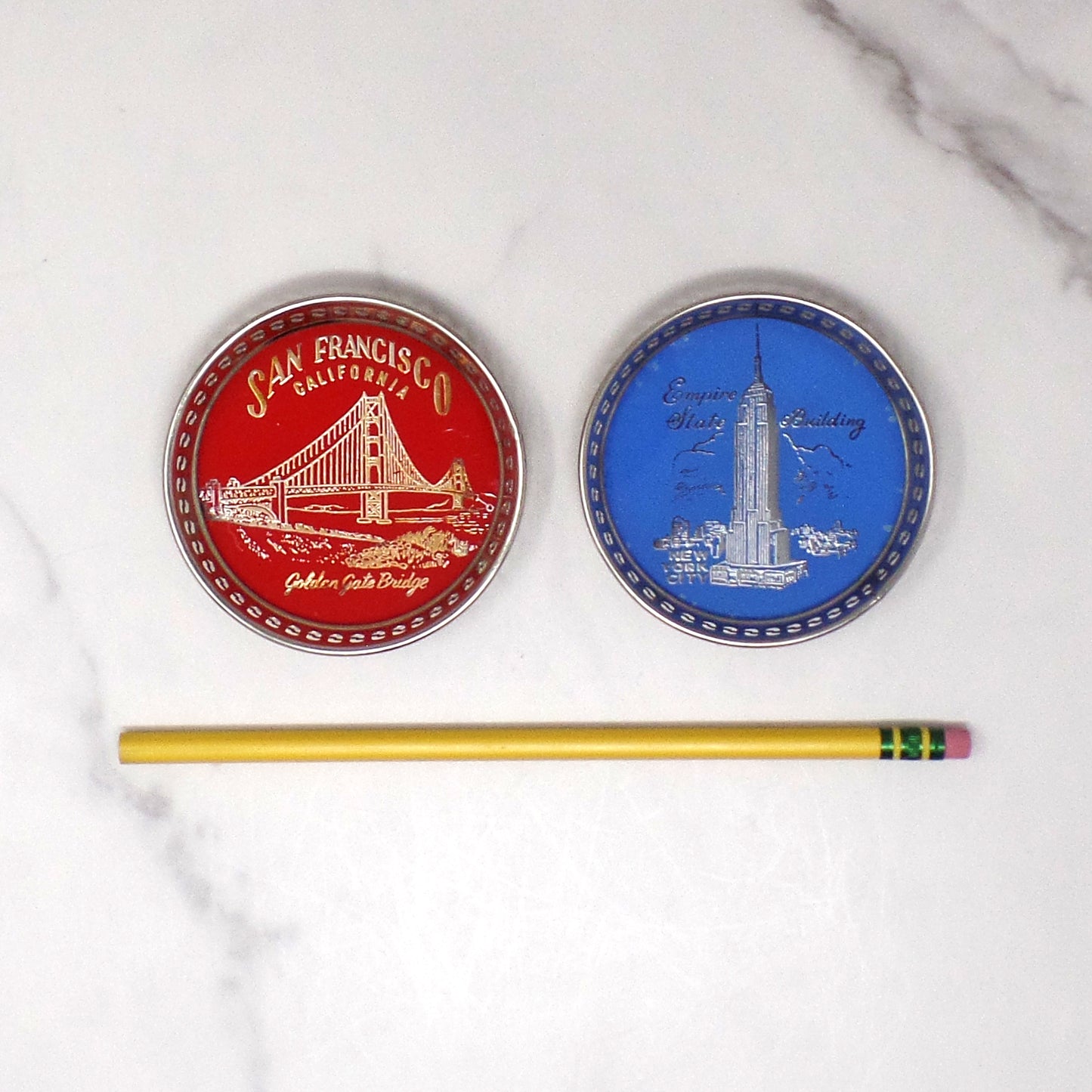 Vintage Souvenir Coasters, San Francisco Golden Gate Bridge and New York City Empire State Building (1960s)