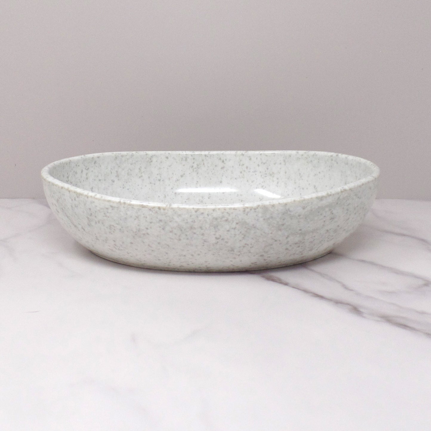 Vintage Joan Luntz Gaiety Melmac Oval Serving Bowl, Speckled White / Gray (1950s)