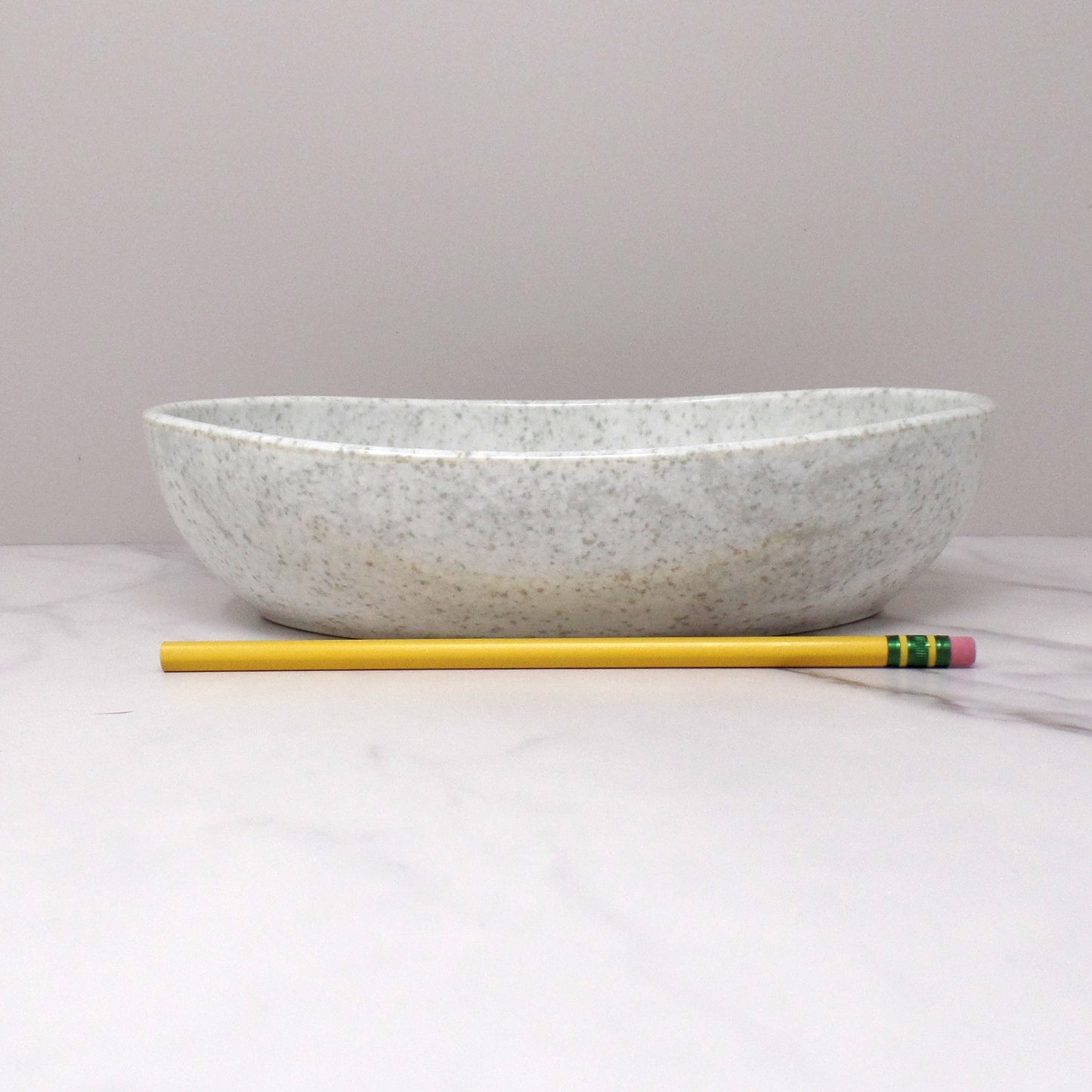 Vintage Joan Luntz Gaiety Melmac Oval Serving Bowl, Speckled White / Gray (1950s)