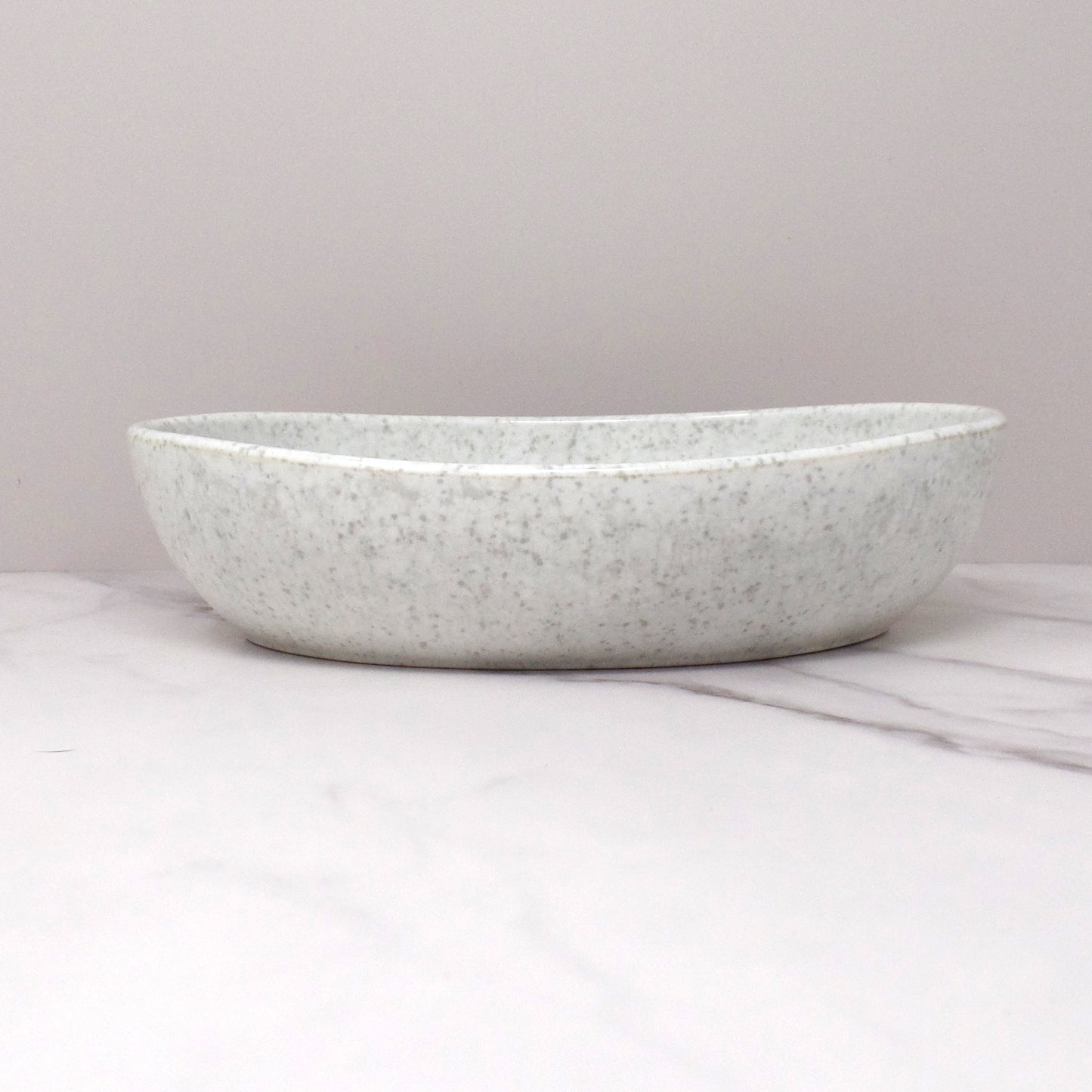Vintage Joan Luntz Gaiety Melmac Oval Serving Bowl, Speckled White / Gray (1950s)