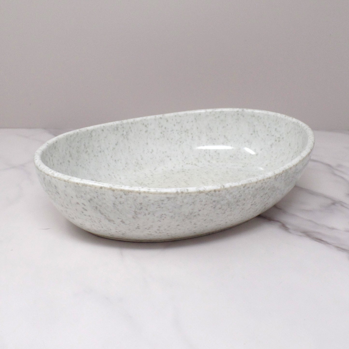Vintage Joan Luntz Gaiety Melmac Oval Serving Bowl, Speckled White / Gray (1950s)