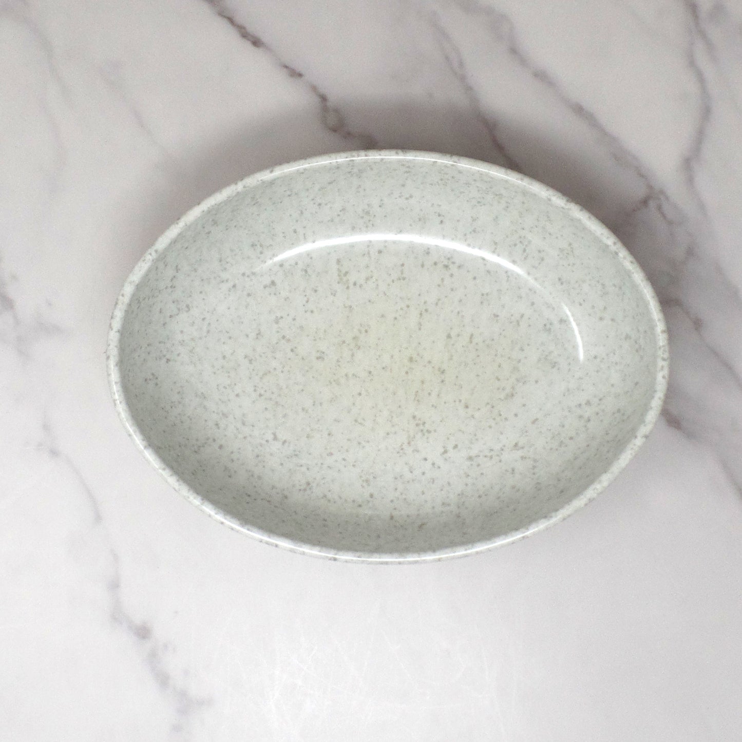 Vintage Joan Luntz Gaiety Melmac Oval Serving Bowl, Speckled White / Gray (1950s)